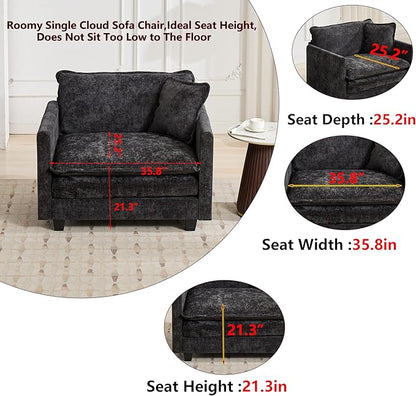 Aoowow Chenille Upholstered Accent Chair Oversized,Fluffy Single Cloud Sofa Chairs with Deep Seat,Modern Large Reading Arm Chair with Throw Pillow for Living Room,Bedroom (Black, Single Sofa Chair)