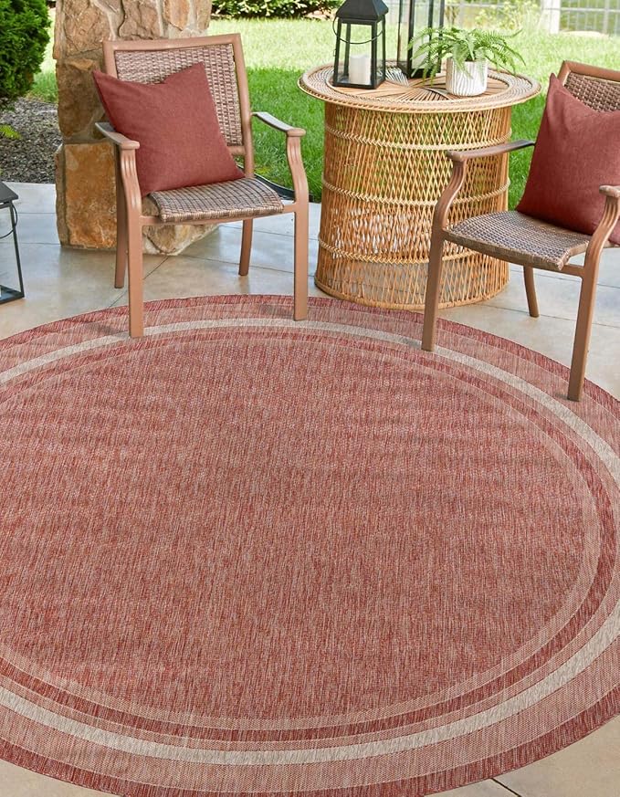 Unique Loom Outdoor Border Collection Area Rug - Soft Border (7' 10" Round Rust Red/Ivory)