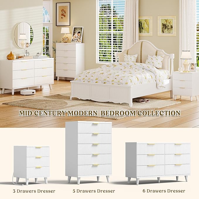 Lulive White Dresser for Bedroom Wood Dressers Chest of Drawers, Fluted 53.2" Wide Modern Long Dresser TV Stand 6 Drawers for Bedroom, Closet, Living Room, Hallway (White)