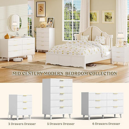 Lulive Wood 3 Drawers Dresser Fluted Night Stand with Charging Station, White Storage Nightstand Modern Side Table, Bedside Table for Bedroom, Entryway White