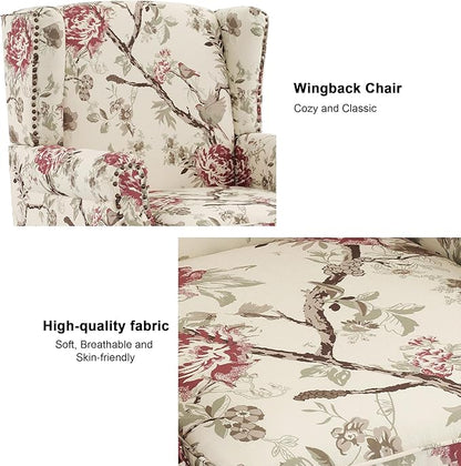 Accent Chair, Upholstered High Back Floral Armchair with Nailhead Trim & Wood Legs, Comfy Wingback Reading Single Sofa Chair for Small Spaces, Living Room, Bedroom-Pink Floral, Set of 1