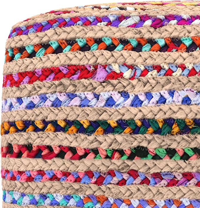 SIMPLIHOME Margo Square Pouf - 20 inch Wide Handwoven Jute and Cotton Chindi Braided Ottoman in Multi-Color, Boho-Style Footstool or Extra Seating for Living Room with Polystyrene Beads, Assembled