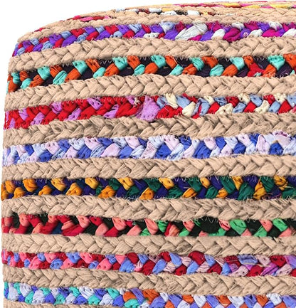 SIMPLIHOME Margo Square Pouf - 20 inch Wide Handwoven Jute and Cotton Chindi Braided Ottoman in Multi-Color, Boho-Style Footstool or Extra Seating for Living Room with Polystyrene Beads, Assembled