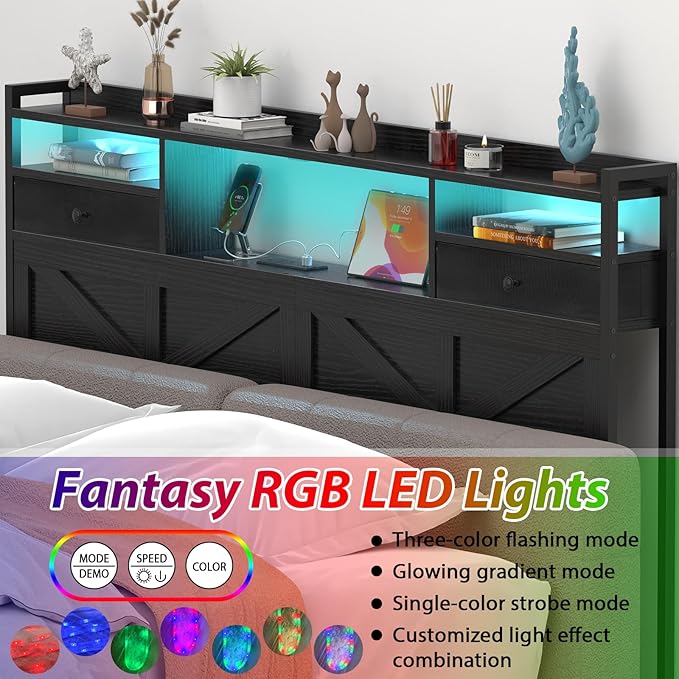 King Size Headboard with Drawers, Outlets & USB Ports,Sturdy Wood Bed Frame with Adjustable Height, Built-in LED Lighting (Black, King 75.2 * 7.08 * 45.7)