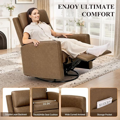 COLAMY Recliner Chair Set of 2, PU Leather 360° Swivel Rocker Recliner, Nursery Glider Recliner with Ergonomic High Backrest and Upholstered Deep Seat for Living Room, Bedroom, Color Brown