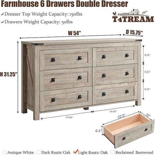T4TREAM Farmhouse 6 Drawers Dresser for Bedroom, Wood Rustic Wide Chest of Drawers, Storage Dressers Organizer for Bedroom, Living Room, Hallway, Light Rustic Oak