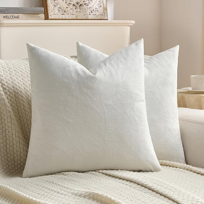 FUTEI Cream Velvet Throw Pillow Covers 26x26 Inch Set of 2,Soft Embossed Leaf-Relief Textured Euro Pillow Shams,Natural Home Decor for Couch Living Room