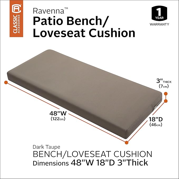 Classic Accessories Ravenna Water-Resistant 48 x 18 x 3 Inch Outdoor Bench/Settee Cushion, Patio Furniture Swing Cushion, Dark Taupe, Patio Loveseat Cushion