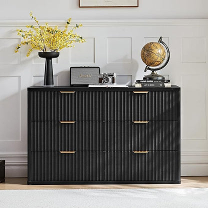 LEYAOYAO Fluted 6 Drawers Dresser Set of 2, 48" Wide Modern Chest of Drawers with Woodgrain Top, Curved Profile Design, Dresser TV Stand, Wooden Drawer Organizer for Bedroom, Living Room,Black