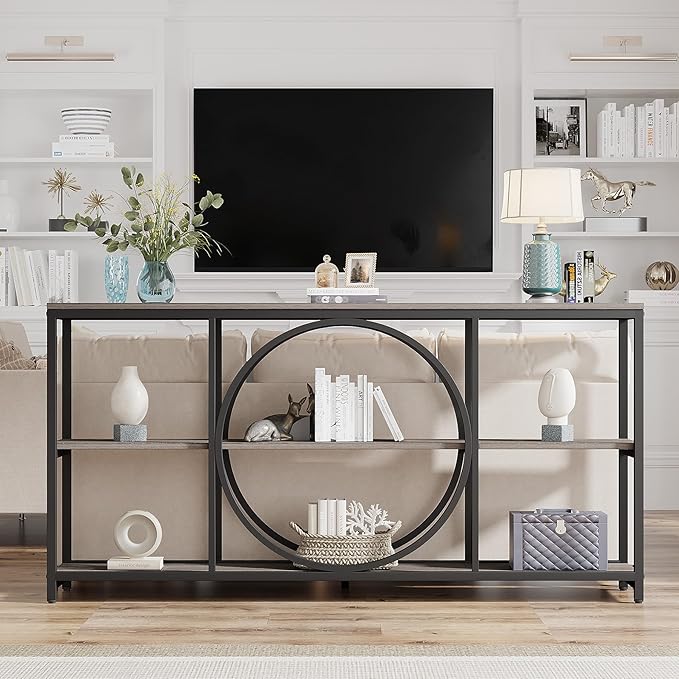 Tribesigns 70.9 inch Sofa Console Table, Extra Long Narrow Entryway Tables with 3 Tier Wood Storage Shelves Metal Frame for Foyer Hallway Living Room Behind Couch, Black Rustic Gray
