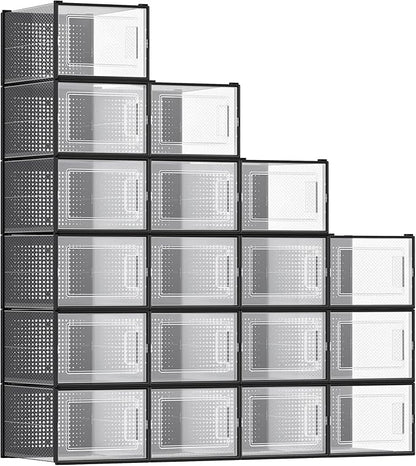 SONGMICS Shoe Boxes, Pack of 18 Shoe Storage Organizers, Stackable Clear Plastic Boxes for Closet, Sneakers, 13.7 x 9.9 x 7.4 Inches, Transparent and Black ULSP007B18