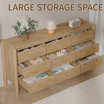 CHUWELL Dresser for Bedroom, 63" Wide Mid Century Modern Chest of Drawers with 9 Large Storage Space and 4 Solid Wood Cylindrical Legs, 9 Drawer Large Dresser for Bedroom(Oak)