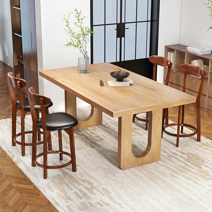 COSTWAY Bar Stool Set of 4, 23.5'' Counter Height Barstools w/Curved Backrest, Faux Leather Cushion & Rubber Wood Frame, Mid Century Modern Island Chairs for Kitchen Bar Cafe, Walnut