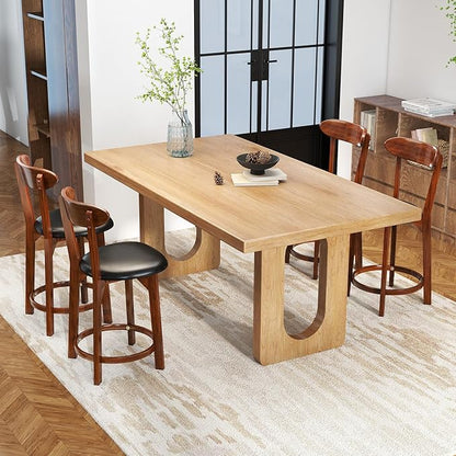 COSTWAY Bar Stool Set of 4, 23.5'' Counter Height Barstools w/Curved Backrest, Faux Leather Cushion & Rubber Wood Frame, Mid Century Modern Island Chairs for Kitchen Bar Cafe, Walnut