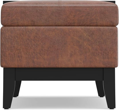 SIMPLIHOME Oregon 42 inch Wide Transitional Rectangle Storage Ottoman Bench with Tray in Distressed Saddle Brown Vegan Faux Leather, Assembled, For the Living Room, Entryway and Family Room