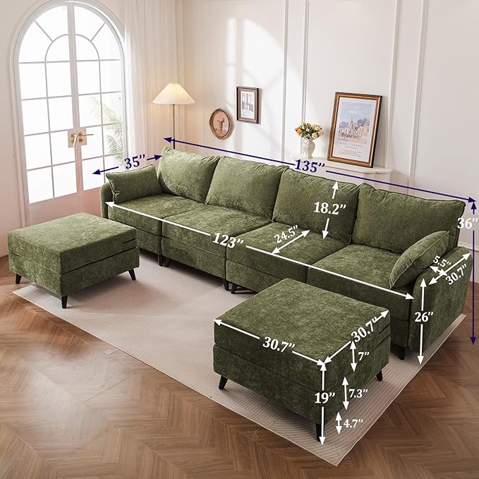 135'' Modular Sectional Sofa with All Seats Storage, Oversized U Shaped Couch for Living Room,4-Seater Comfy Cloud Couches with Movable Ottoman,Big Sectionals for Bedroom,Velet,Green