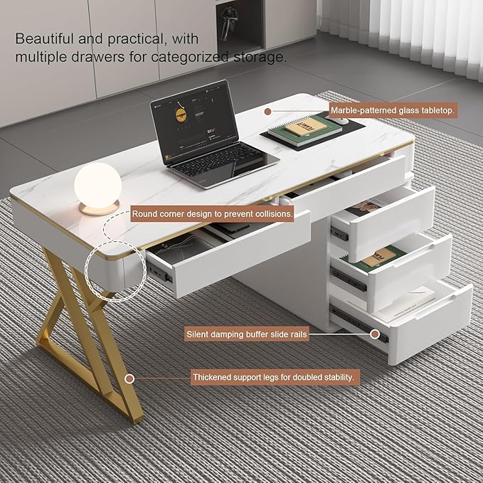 Executive Desk with Drawers, White Computer Desk with Drawers with Tempered Glass Top & Marble Pattern, 47 inch Modern Home Office Desk with Charging Station for Study, Living Room, Bedroom