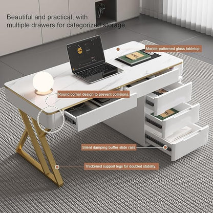 Executive Desk with Drawers, White Computer Desk with Drawers with Tempered Glass Top & Marble Pattern, 47 inch Modern Home Office Desk with Charging Station for Study, Living Room, Bedroom