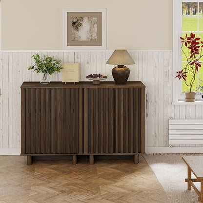 Walnut Storage Cabinet Set, Freestanding Floor Cabinet 23.6” Farmhouse Sideboard with 2 Fluted Doors Wooden Buffet Cabinet Media Console Table Credenza for Living Room Dining Room Hallway, Singe