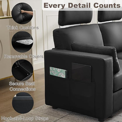 69.7" Loveseat Storage Sofa, Faux Leather Love Seat Couch with Headrest & Pocket, Modular Sectional Cloud 2 Seater Sofas for Living Room Apartment Small Spaces, Oversized Deep Seat Couches, Black