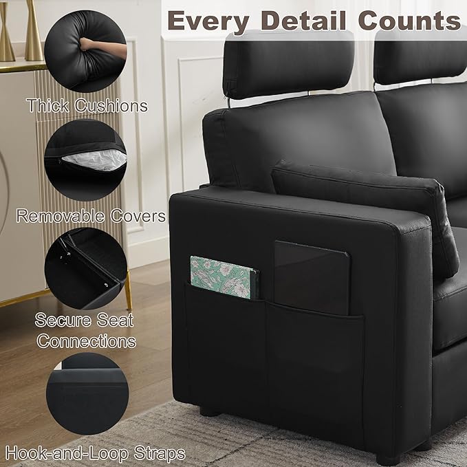 41.1" Accent Sofa Chair with Storage, Faux Leather Living Room Chairs with Headrest and Side Pockets, Mid Century Modern Arm Chair, Upholstered Comfy Single Couch Reading Club Chairs, Black