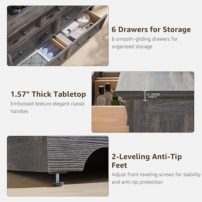 T4TREAM Farmhouse 7 Drawers Dresser for Bedroom, 54" Wide Wood Rustic Chest of Drawers w/Roman Column, Wooden Storage Dressers Organizer for Bedroom, Living Room, Closet, Dark Rustic Oak