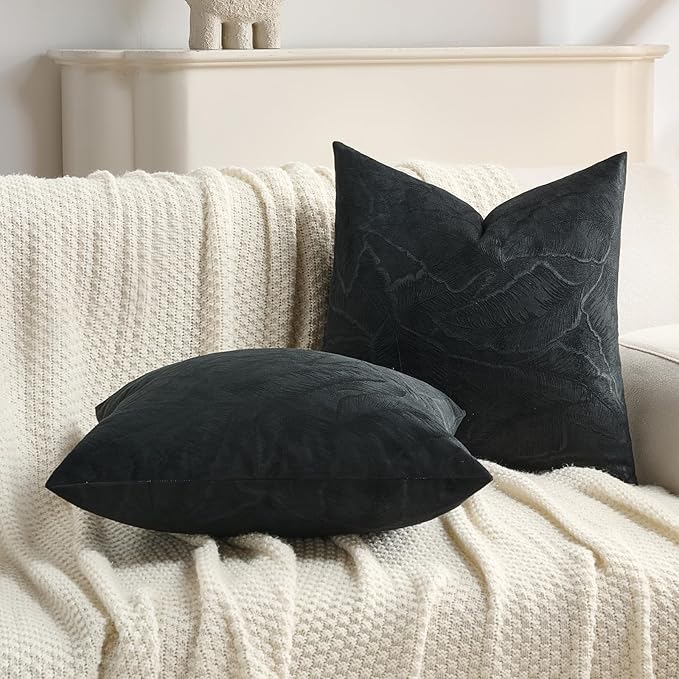FUTEI Black Velvet Throw Pillow Covers 26x26 Inch Set of 2,Soft Embossed Leaf-Relief Textured Euro Pillow Shams,Natural Home Decor for Couch Living Room