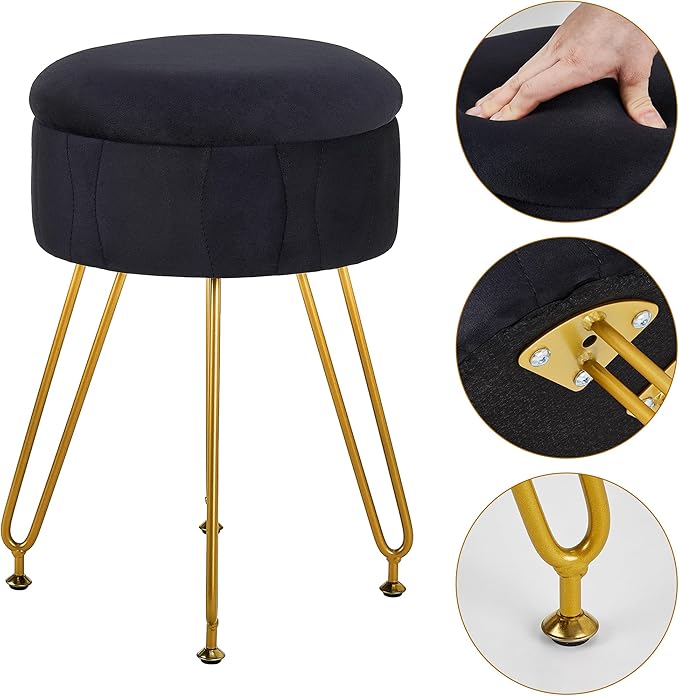 VECELO Vanity Stool with Storage, Velvet Chair for Vanity, Strong Metal Legs, Anti-Slip Feet, Padded Seat for Make Up, Bedroom, Living Room, Entryway, Black