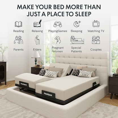 FLEXISPOT Adjustable Bed Frame Base Split King,Massage, Zero Clearance, Synchronized Adjustment,Whisper Quiet Durable Motor,Zero Gravity,Mattress Holders.