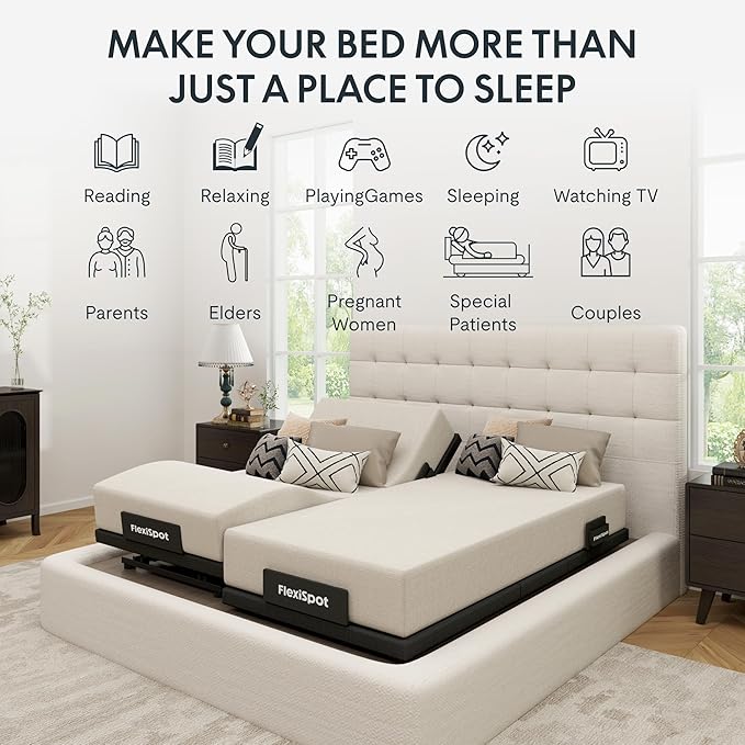FLEXISPOT Adjustable Bed Frame Base Split King + 6" Cooling Gel Memory Foam Mattress, Massage, Head and Foot Incline, Zero Gravity, Zero Clearance, Under-Bed Lights, Anti-Snore, Wireless Remote