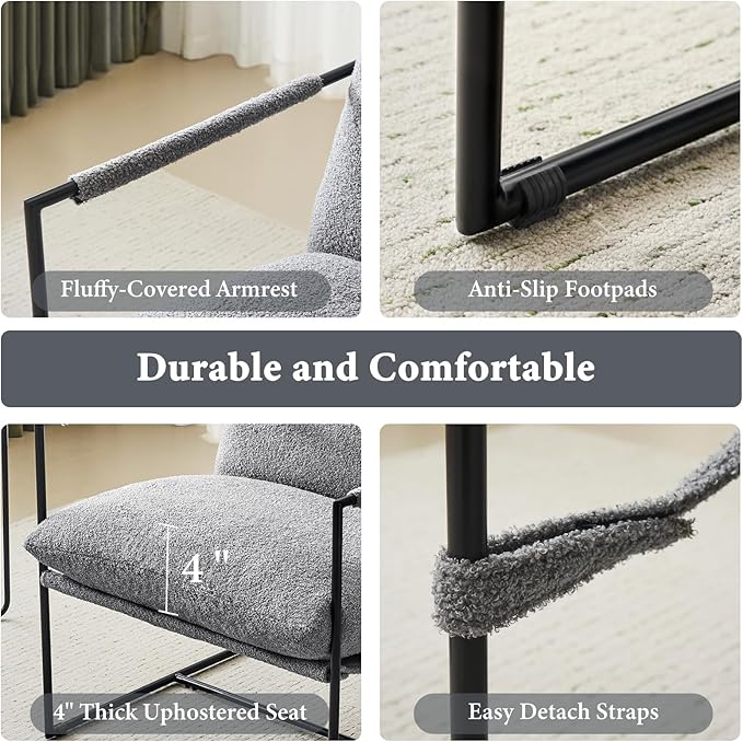 Sling Accent Chair with Metal Frame, Comfortable Boucle Fabric Arm Chair, Upholstered Cozy Reading Chair for Living Room, Bedroom, Dressing Room, Home Office, Grey