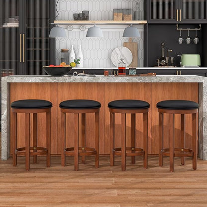 COSTWAY Upholstered Bar Stools Set of 2, 25” Counter Height Bar Chairs with Padded Cushion & Wooden Frame, Faux Leather Backless Stools for Kitchen, Dining Room, Pub, Black + Walnut