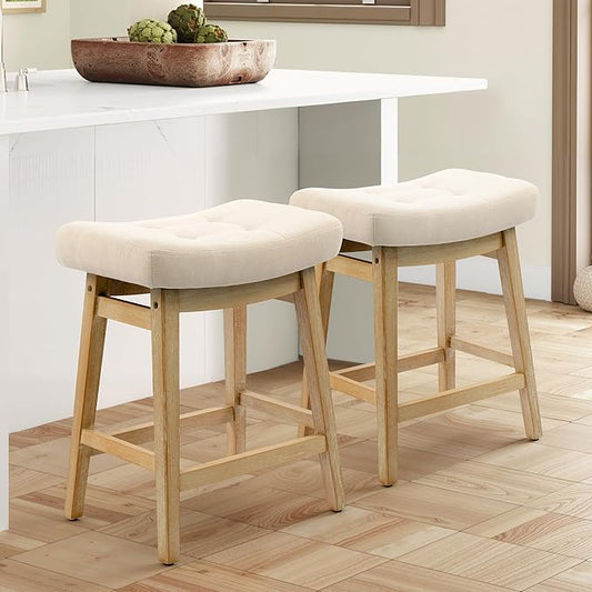 Bar Stools Set of 2 for Kitchen Counter Island Counter Height Farmhouse Modern Barstools with Upholstered Fabric Backless Seat and Solid Wood Legs 24 inch Bar Chairs, Khaki + Wood Color