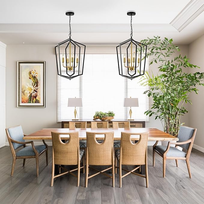 18.1" Chandeliers for Dining Room, 4-Light Farmhouse Foyer Lighting Fixtures, Modern Pendant Lights Kitchen Island, Black and Gold Lantern Pendant Light, for Bedroom, Entryway, Staircase