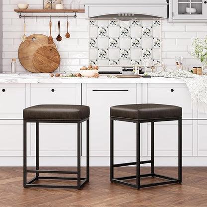 ALPHA HOME 24 Inch Counter Height Bar Stools Set of 3, Upholstered Bar Stools for Kitchen Island, Counter Stools with Faux Leather Cushion and Sturdy Metal Frame, Modern Barstools, Grey