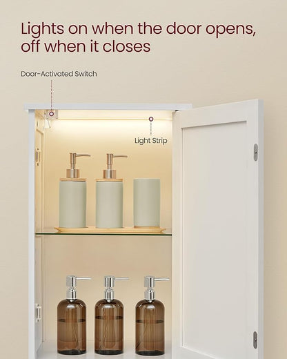 VASAGLE Tall Storage Cabinet with Lights, Slim Freestanding Cabinet with Adjustable Shelves, for Small Spaces, Bathroom, Living Room, Modern, 15.7 Inches Wide, Cloud White UBBC766W02