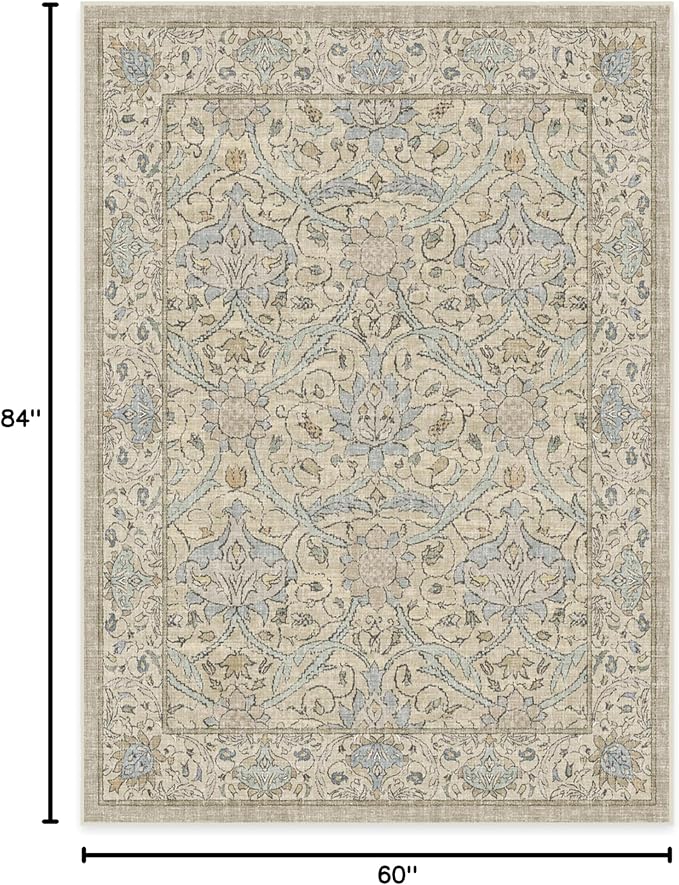 RUGGABLE x Morris & Co Washable Area Rug – Montreal Natural Blue 5x7, Stain-Resistant, Non-Slip – Medium Machine Washable Rugs for Living Room, Bedroom, Hallway, Entryway & Office–with Cushioned Pad