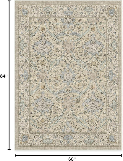 RUGGABLE x Morris & Co Washable Area Rug – Montreal Natural Blue 5x7, Stain-Resistant, Non-Slip – Medium Machine Washable Rugs for Living Room, Bedroom, Hallway, Entryway & Office–with Cushioned Pad