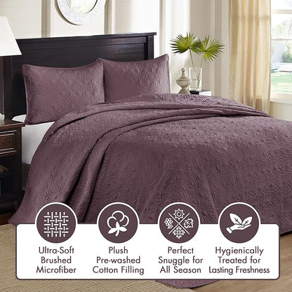 Madison Park Quebec Reversible Damask Design, Double Sided Quilting All Season, Lightweight Coverlet Bedspread Bedding Set, Matching Shams, Queen(102"x118"), Purple