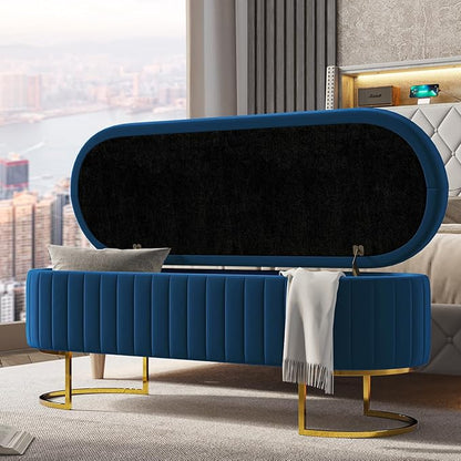 EcoHarbor Living 50" Velvet Storage Bench Hallway Ottoman,Upholstered End of Bed Bench with 2 Additional Ottomans Gold Legs,Flipping Lid Entryway Footrest