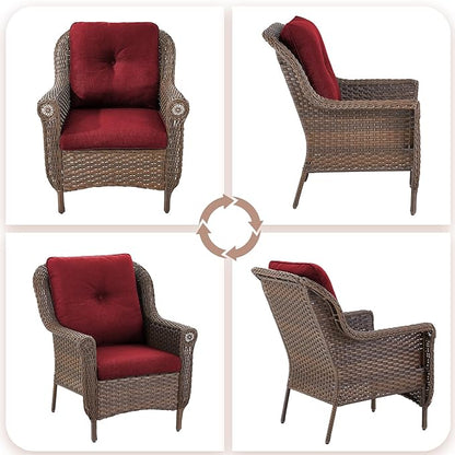 Patio Wicker Chairs Outdoor Furniture Chair - Set of 4 Outside All Weather Lawn Dining Brown Rattan Armchair with High Back&Deep Seating for Deck Porch Balcony Backyard Garden - Red