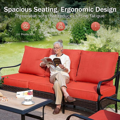 Patio Furniture Set with 56" Fire Pit Table, Premium Outdoor Wicker Metal Frame Furniture with Upgraded Waterproof Thick Cushions for Porch, Poolside, Deck, and Yard