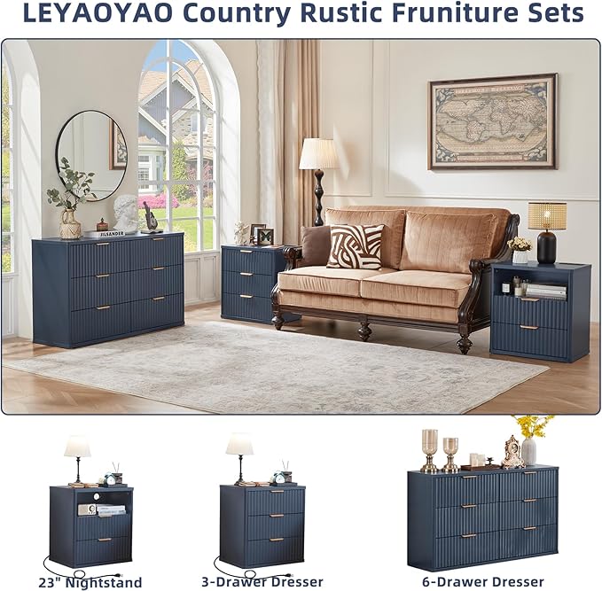 LEYAOYAO Fluted 6 Drawers Dresser for Bedroom, 48" Wide Modern Chest of Drawers with Metal Handle, Navy Blue Curved Profile Farmhouse Closet Organizer Wood Dressers TV Stand for Living Room, Hallway