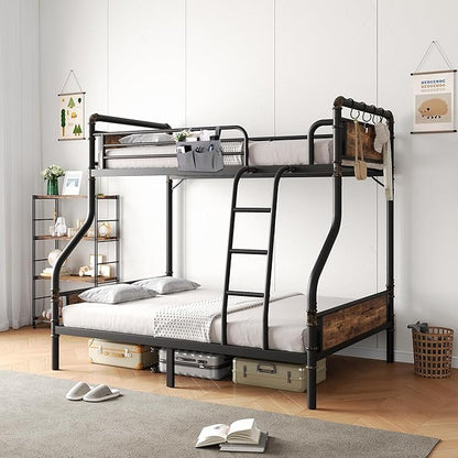 Metal Bunk Bed Twin Over Full, Industrial Bunkbeds Heavy Duty Bed with Safety Guard Rails and Space-Saving Design, Steel Bed for School, Bedroom (Vintage Brown)