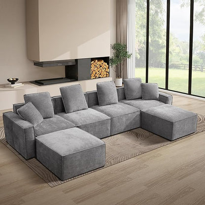 WILLOVE 141'' Modular Sectional Sofa, Chenille Cloud Couch with Wide Armrests & 6 Pillows, Deep Seat Couches for Living Room, Grey