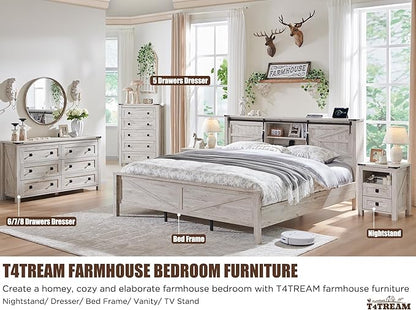 T4TREAM Farmhouse 6 Drawers Dresser for Bedroom, Wood Rustic Wide Chest of Drawers, Storage Dressers Organizer for Bedroom, Living Room, Hallway, Antique Brush White