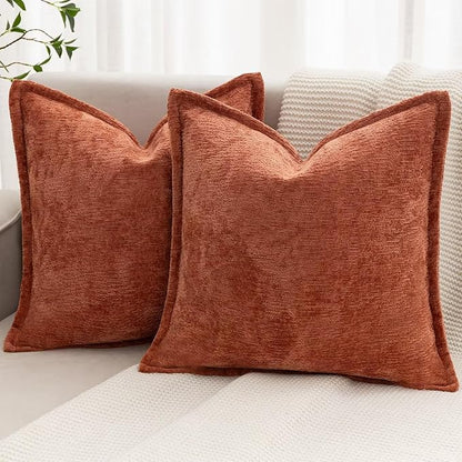 Burnt Orange Fall Decorative Throw Pillow Covers 24x24 Inch Set of 2 Cozy Soild Chenille Cushion Cases Soft Textured Square Couch Pillows Cover Boho Accent Farmhouse Pillowcases for Bed