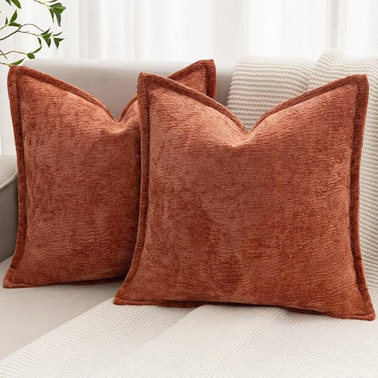 Burnt Orange Fall Decorative Throw Pillow Covers 24x24 Inch Set of 2 Cozy Soild Chenille Cushion Cases Soft Textured Square Couch Pillows Cover Boho Accent Farmhouse Pillowcases for Bed