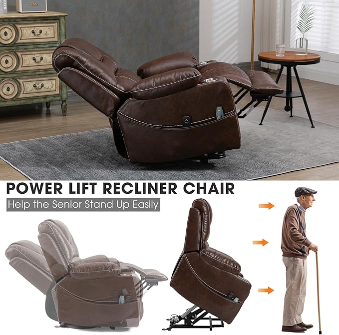 Power Lift Recliner Chair Sofa with Massage and Heat for Big and Tall Elderly,Infinite Positions,Single Motor,Cup Holders,and USB Ports,Faux Leather Home Theater Seat