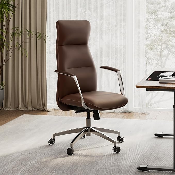 EUREKA ERGONOMIC Royal Slim Executive High Back Brown Leather Office Chair, Home Desk Chair for Adults, Big and Tall with Wheels, Swivel Rolling